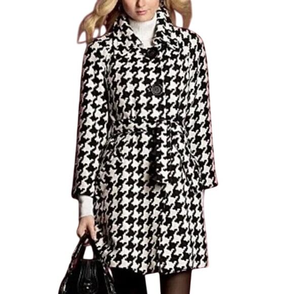 Michael Kors MMK Coat Women 10 Black White Wool Blend Houndstooth Belted Classic - Picture 1 of 15